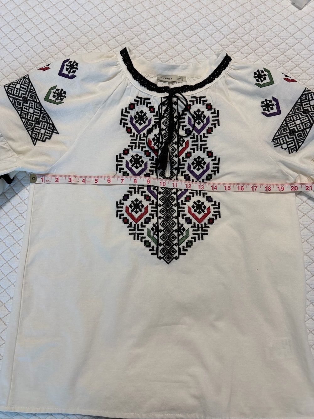 Embroidered White Peasant Blouse with Multicolor Accents - Picture 6 of 9